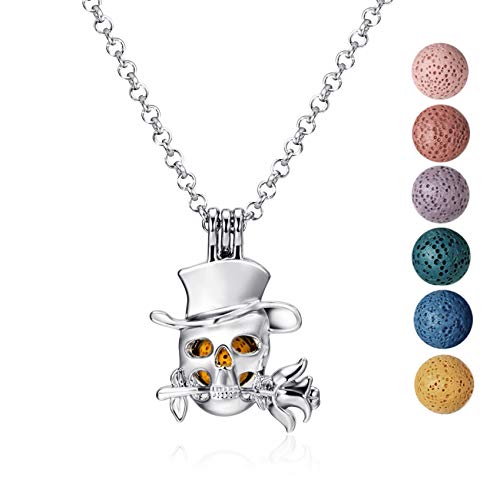 Wild Essentials Top-hat Skull Essential Oil Diffuser Nickel Free Alloy Locket Pendant with 24 inch Chain, 6 Lava Stones, Customizable Color Changing Perfume Jewelry for Aromatherapy - color: Silver Skull, size: 0 Oils