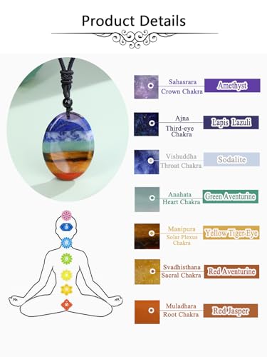 Jovivi Natural 7 Chakras Healing Crystals Necklace Oval Gemstone Palm Worry Stone Chakra Pendant Necklace for Anxiety Stress Relief Balancing Meditation - color: Oval-Shaped
