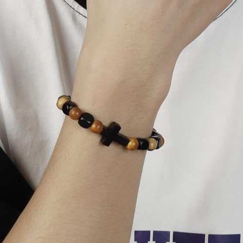MILAKOO Wooden Bracelet with Black Stainless Steel Cross Charms Bead Christian Gifts for Women Men - color: C5