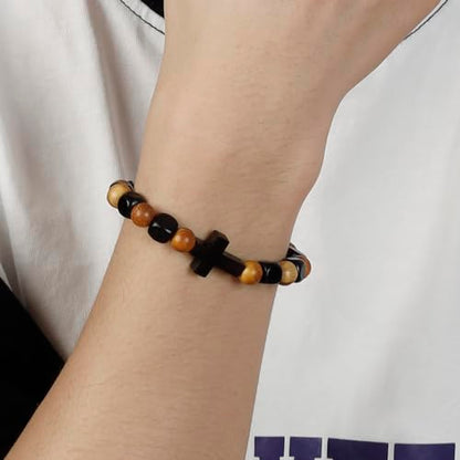 MILAKOO Wooden Bracelet with Black Stainless Steel Cross Charms Bead Christian Gifts for Women Men - color: C5