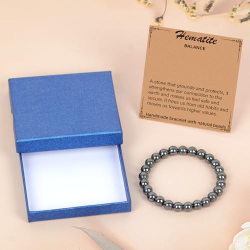 LPBeads Handmade Natural Gemstone Stretch Elastic Bracelet Healing Crystal Round Stone Beads Jewelry Gifts for Women Men - color: Hematite, size: 8mm