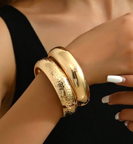 Chunky Gold Bangle Bracelets for Women, Dainty 14k Gold Plated Big Stackable Bangles Set, Trendy Statement Cuff Bracelet Stack Fashion Jewelry Gifts - style: 2 Chunky bangles