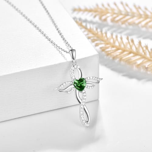 TANGPOET Angel Wings Necklace for Women 925 Sterling Silver Guardian Angel Pendant, Heart Cross Birthstone Necklace, Birthday Jewelry Gifts for Her - style: 5-May Emerald