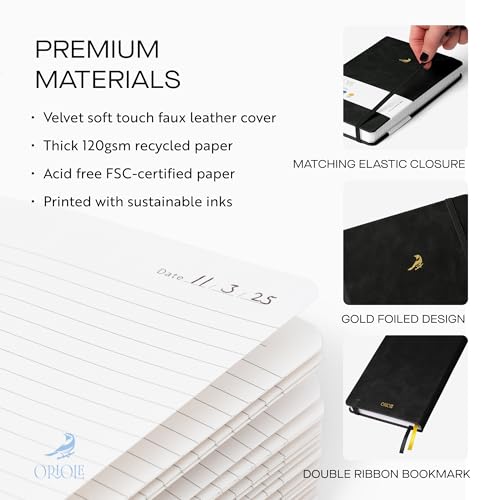 Oriole Vegan Leather Ruled Notebook - Black | 176 Pages of Thick Lined Paper | Soft Touch Hardcover Journal (5 x 8 in) with Gold Foil Bird Design & Luxury Gift Box - color: Black