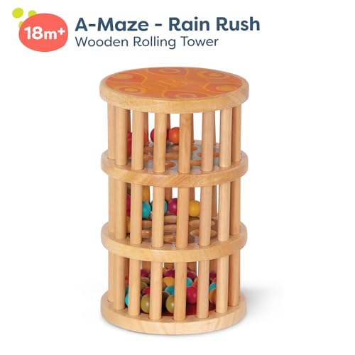 B. toys – A – Maze Rain Rush Dexterity Toy – Crawling Rolling Tower – Developmental Natural Wooden Rainmaker Toy – Toys for Toddlers