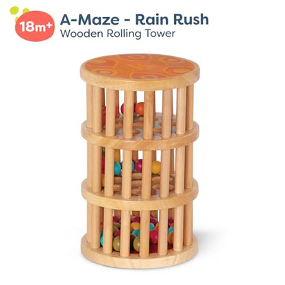 B. toys – A – Maze Rain Rush Dexterity Toy – Crawling Rolling Tower – Developmental Natural Wooden Rainmaker Toy – Toys for Toddlers