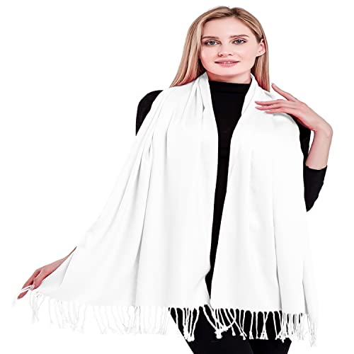 CJ Apparel Solid Color Tassels Design Nepalese Shawl Scarf Wrap Stole Throw Head Wrap Pashmina Gift Hand Made in Nepal New - color: Brilliant White