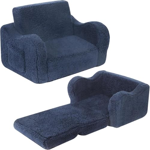 MOMCAYWEX Kids Sofa, 2-in-1 Flip-Out Foam Couch with Soft Sherpa Cover, Cozy Play Lounge Chair, Dark Blue - color: Dark Blue, size: Medium