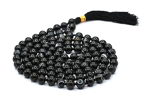 Amazing Gemstone Black Hakik Mala Beads - 108 Prayer Beads for Meditation and Mindfulness Practice, Handcrafted Mala Beads with Natural Gemstones for Spiritual Healing and Relaxation (Knotted) - color: Black Hakik, style: Knotted