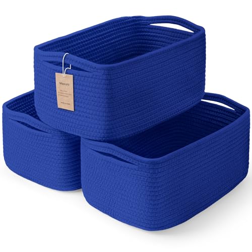 3-Pack Small Storage Baskets for Organizing | Woven Shelf Toy Basket | Rope Baskets for Gifts Empty | Closet Organizer Bins with Handles | Cube Decorative Box | 11.8×7.8×5.1” | Klein Blue - color: KleinBlue, size: 11.8"L×7.8"W×5.1"H