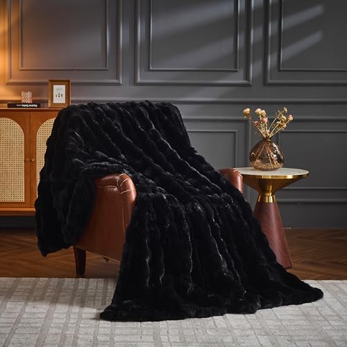 UKELER Faux Fur Throw Blankets, 750 GSM Double Sided Luxury Bubble Cozy Warm Decorative Furry Blanket, Soft Plush Fluffy Fuzzy Blanket for Couch Sofa Bed Office Camping, Black 50"x60" - color: D-black, size: 50''x60''