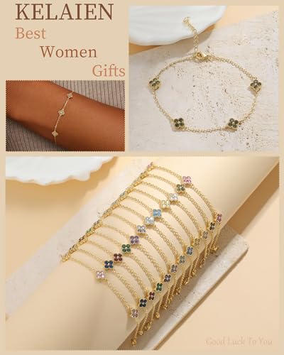 Birthstone Gold Clover Bracelet Dainty 14K Gold Plated Cute Friendship Stackable Bracelets for Women No Tarnish Trendy Charm Best Friend Bracelet Stack for Birthday Jewelry - color: 08. August(Peridot)