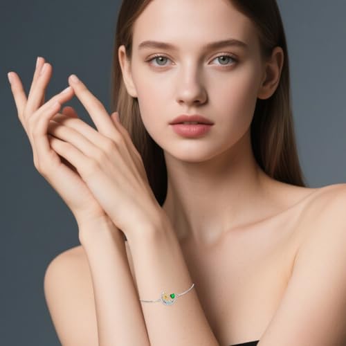 925 Sterling Silver Moon and Sun Star Adjustable Link Bracelet for Women with 12 Month Birthstone Birthday Jewelry - style: 05 - May