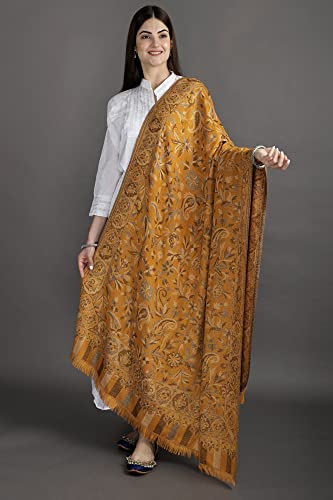 Exotic India Women Reversible Jamawar Wool Shawl with Woven Flowers | Ethnic Beautiful Floral Weave Stole, Dupatta - color: Butterscotch
