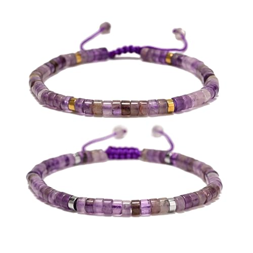 Mixed Gemstone Adjustable Braided Beaded Bracelet for Women, 2x4mm Heishi Disc Natural Healing Stone Summer Beach Jewelry, Yoga Gift for Her - color: Amethyst