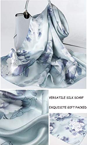 100% Mulberry Silk Long Scarf for Women Large Shawls for Headscarf and Neck- Oblong Hair Wraps with Gift Packed - color: Dusty Blue Peony
