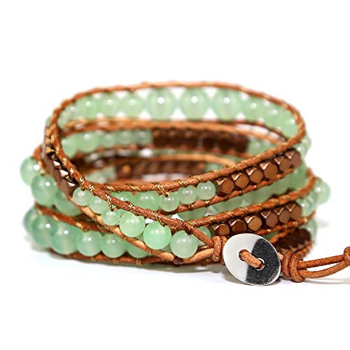 Boho Wrap Bead Bracelet for Women - Handmade Adjustable Natural Stone Beaded Bracelets Yoga Healing Bracelet Bangle Hippie Jewelry - color: Green Aventurine