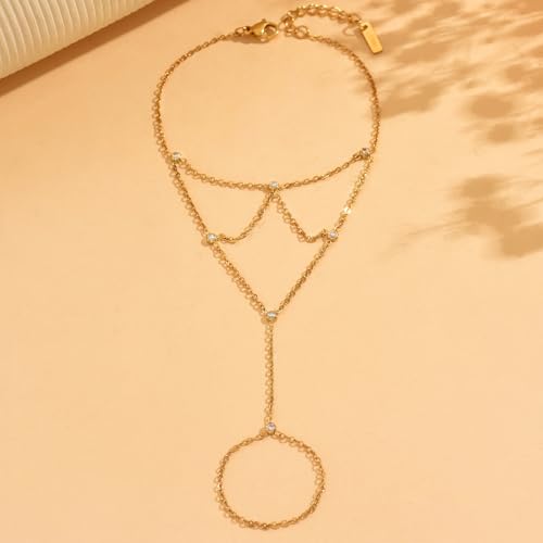 18K Gold Plated Hand Chain Bracelets for Women, Dainty Cubic Zirconia, Heart, Beads, Bamboo Link Charm Bracelet, Trendy Adjustable Finger Ring Bracelet, Hand Chain Jewelry, Christmas Gifts - style: Reticular CZ Hand Chain