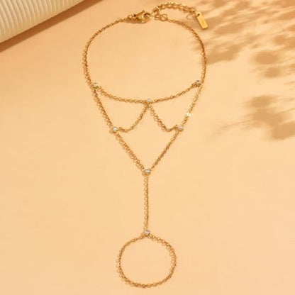 18K Gold Plated Hand Chain Bracelets for Women, Dainty Cubic Zirconia, Heart, Beads, Bamboo Link Charm Bracelet, Trendy Adjustable Finger Ring Bracelet, Hand Chain Jewelry, Christmas Gifts - style: Reticular CZ Hand Chain