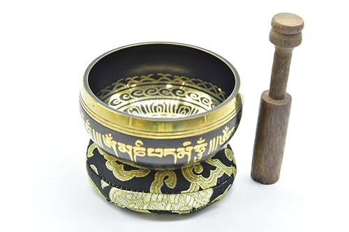 3.75" Tibetan Meditation Yoga Singing Bowl Green Set with free Wooden Mallet and Silk Cushion from Nepal, Singing bowls. (Black) - color: Black