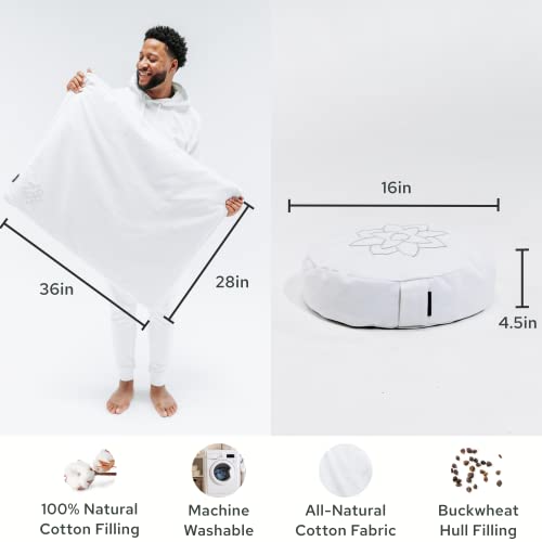 Mindful Modern Meditation Cushion & Zabuton Meditation Mat Bundle - 100% Cotton Meditation Cushion Set for Yoga - Buckwheat Zafu Floor Pillow Rectangular Mat - Removable Cover - Classic White Color