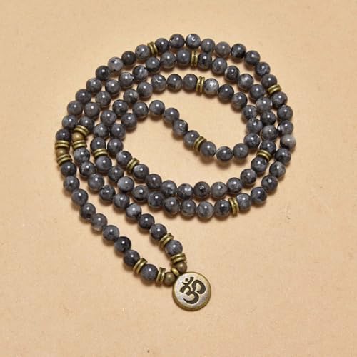 108 Mala Beads Bracelet with om Charm – Healing Stone Meditation Bracelet for Yoga & Prayer, 6mm Beads, Handmade, Gold-Plated OM Charm - style: Labradorite