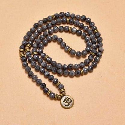108 Mala Beads Bracelet with om Charm – Healing Stone Meditation Bracelet for Yoga & Prayer, 6mm Beads, Handmade, Gold-Plated OM Charm - style: Labradorite