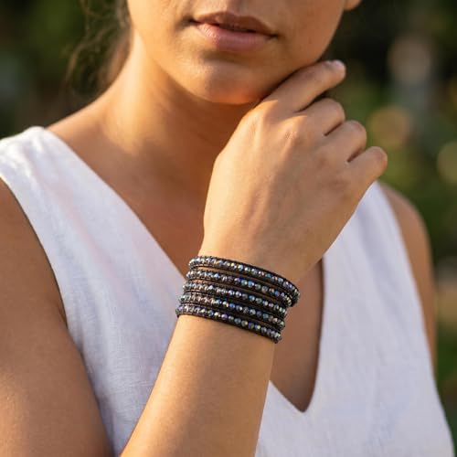 YGLINE Natural Stone Wrap Bracelet for Women Boho Bracelets Healing Crystal Beaded Bracelet Adjustable 3/5 Wraps Bracelet Handmade Birthday Gifts for Women - color: black crystal