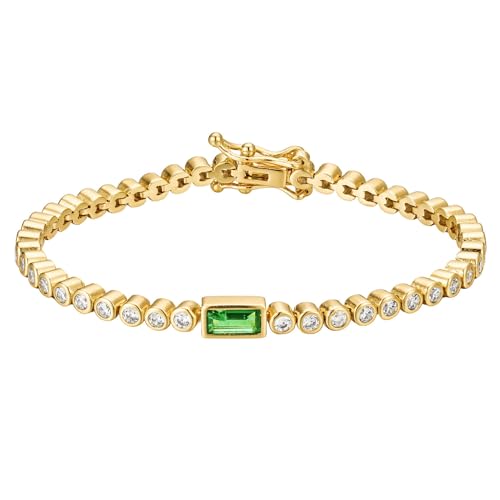 CAITLYNMINIMALIST 18K Gold-Plated & Rhodium-Plated Silver CZ Diamond Tennis Bracelet for Women – 3–4mm Dainty Stacking Box Clasp Bracelet (6–7 in) - color: 06-Emerald Baguette, size: 6 Inches