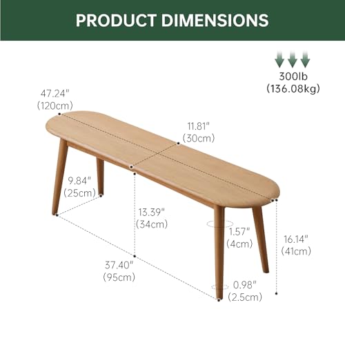 47'' 100% Solid Oak Wood Dining Bench,Rounded Corner Baguette Shape Chair Surface Design,Entryway Bedroom Bed End Bench (47.3inch, Natural Oak) - size: 47.3inch-Oak-Round Corner Baguette Shape