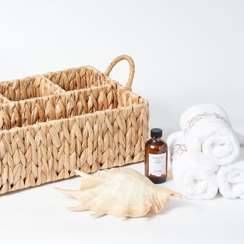 Wicker Basket Divided Storage with Handles - Natural Water Hyacinth Organizer for Diaper Essentials, Kitchen Utensils, Bathroom & Nursery Organization, 4 Compartments