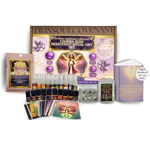 Chakra Reiki Meditation Ritual Gift Set – Handmade Archangel & Twin Flame Collection with Bath Salts, Room Sprays, Roll-On Oils, Wax Melt & Reiki Chakra Cards (53-Piece Set)