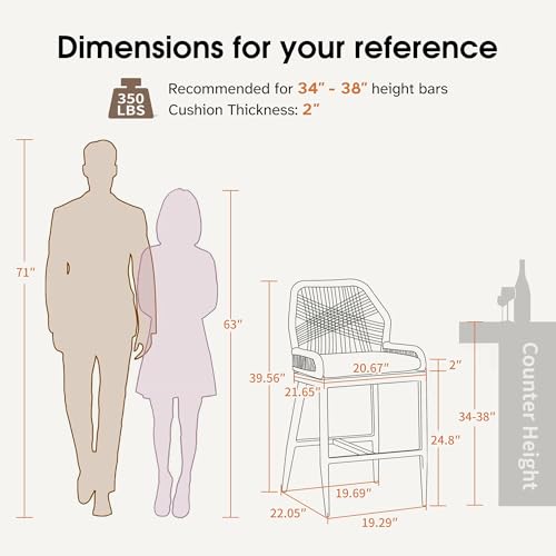 PURPLE LEAF Outdoor Counter Height Bar Stools Chair Set of 2 Modern Patio Metal Stools with Backrest and Arm, Cushions Included - color: Classic/Deep Teak, size: 2pc-24.8"h