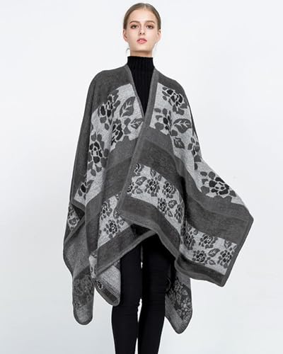 Women's Shawls and Wraps Open Front Poncho Cape Winter Sweater - color: Ll6-grey