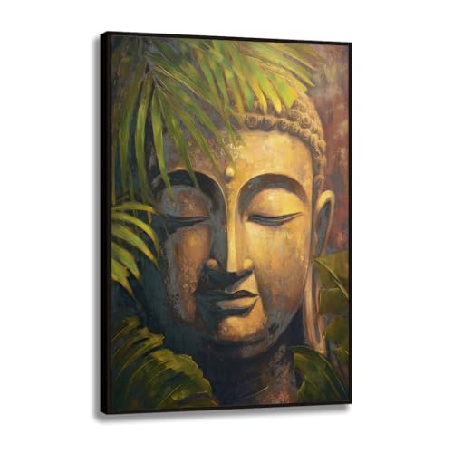 Framed Buddha Statue Wall Art, Buddhism Zen Canvas Painting with Gold Decoration and Palm Plant Leaves for Living Room Bedroom Decor, 24x36 Inch - color: Yelash-2610, size: 36"L x 24"W
