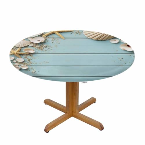 Seashells Round Table Cloth Wooden Nautical Starfish Elastic Edged Table Cover Fade and Stain Resistant Table Cloths Easy to Clean Fits Tables 40-44" Diameter - color: Seashells