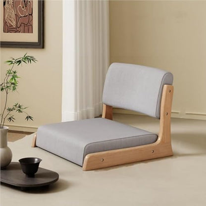 Wood Floor Meditation Chair Low Stool with Backrest Cotton Linen Cushion Ergonomic Leisure Chair for Tea Room Home Solid Construction(Gray Natural) - color: Gray Natural