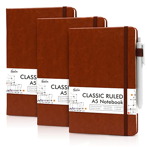feela 3 Pack Notebooks Journals Bulk with 3 Black Pens, A5 Hardcover Notebook Classic Ruled Lined Journal Set with Pen Holder for Work Business Journaling Note Taking, 120 GSM, 5.1”x8.3”, Brown - color: 3 Pack brown