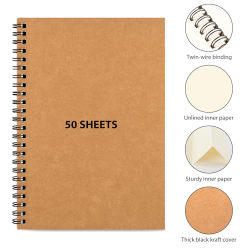 7 Pack Blank Spiral Notebook, A5 Unlined Notebook, 100 Pages Journal Sketch Books 8.3"x 5.5" Soft Cover Kraft Diary Planner, 50 Sheets for School Travel Office (Brown)