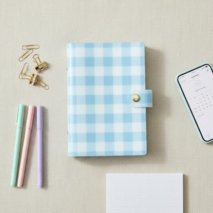 Pearhead Blue Gingham 5x7 Binder Journal with Snap Closure – 1 Inch Round Ring 6 Ring Refillable Notebook – 100 Lined College Ruled Pages, Thick 100 GSM Paper – Small PVC Planner Organizer, Journal Gift For Women - color: Blue Gingham Spiral Journal