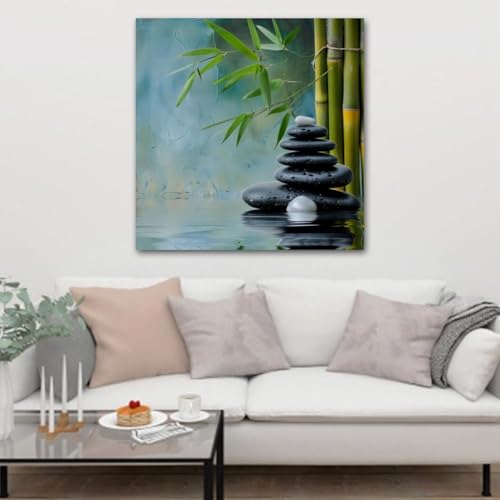 Framed Canvas Wall Art Zen Stones and Bamboo Oil Painting Artwork Picture Posters Wall Decor for Living Room Bedroom Bathroom Office Home Decoration 12x12 in
