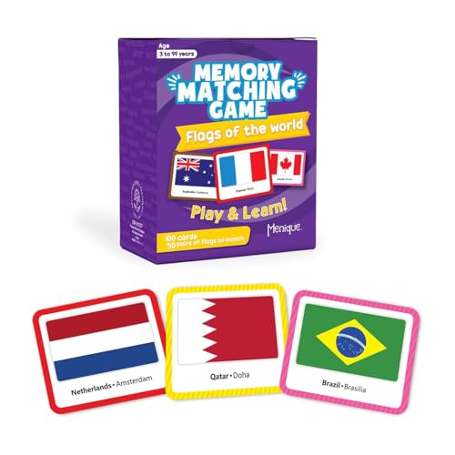 Menique Flags of the World Memory Matching Game – 100 Cards, 50 Countries to Match – Educational & Fun for Kids and Adults – Color-Coded by Continent – Learn Flags, Capitals, and Geography - style: Flags of the World