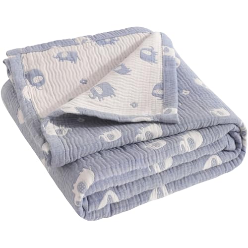 NTBAY 3 Layer Oversized Muslin Cotton Toddler Blanket, Jacquard Reversible Nursery Bed Blanket, Super Soft and Thermal for All Seasons, Baby Gift, 45"x60", Blue Elephant - color: Blue Elephant, size: 45x60 Inch (Pack of 1)
