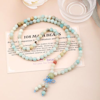 AD Beads 6mm 8mm 108 Prayer Mala Jasper Elastic Bracelet - Handmade Yoga Meditation Healing Power Energy Gifts for Unisex Adult. - color: Amazonite(True Self)