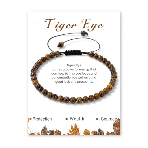 Crystal Bracelet for Women 4mm Adjustable Braided Natural Stone Bracelets Handmade Beaded Bracelets Gemstone Bracelet Healing Crystal Bracelet Crystal Jewelry for Women - style: tiger eye