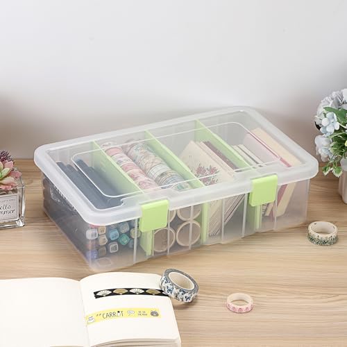 BTSKY Clear Plastic Dividing Storage Box with 4 Compartments Adjustable Storage Bin with Lid Plastic Craft Storage Container Multipurpose Sewing Box Art Supply Organizer, 13.3x8.1x3.4 Inches, Green - size: 13.3x8.1x3.4 Inches-Green