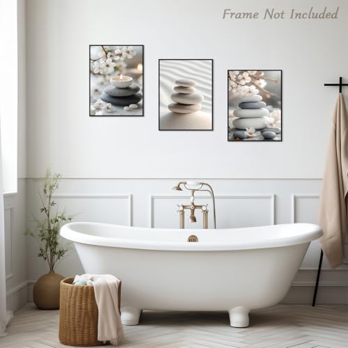 Dazzlewall 3Pcs Japanese Zen Wall Art Set, Balance Stones & Cherry Blossom Pictures for Yoga Spa Living Room Decor 12x16 in Unframed