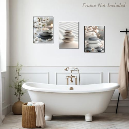 Dazzlewall 3Pcs Japanese Zen Wall Art Set, Balance Stones & Cherry Blossom Pictures for Yoga Spa Living Room Decor 12x16 in Unframed