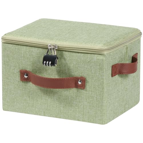 Storage Bins Boxes with Zipper Lid Combination Lock PU Leather Handles Cotton Linen Fabric Lidded Lockable Baskets Foldable Washable Closet Shelf Organizer Container (Light Green, Small) - color: Light Green, size: Small ( Set of 1 )