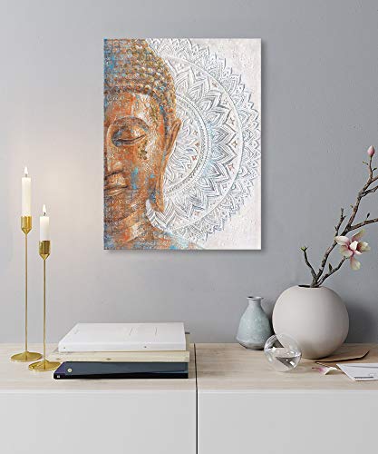 B BLINGBLING Gold Buddha Canvas Wall Art: 3D Mandala Flower Blossom Buddha Painting with Gold Foil Reproduction Print on Blue Canvas Wrapped and Ready for Hang 24"x32" - color: Buddha with Mandala, size: 24"x32"x1
